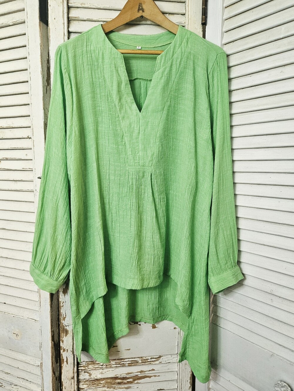 Lime Green Crinkle Artsy Tunic Blouse With Asymmetrical Hem XL